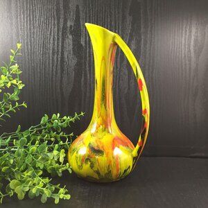Mod Glazed Pitcher Vase 9.5" tall Retro Colors Lime Orange Black